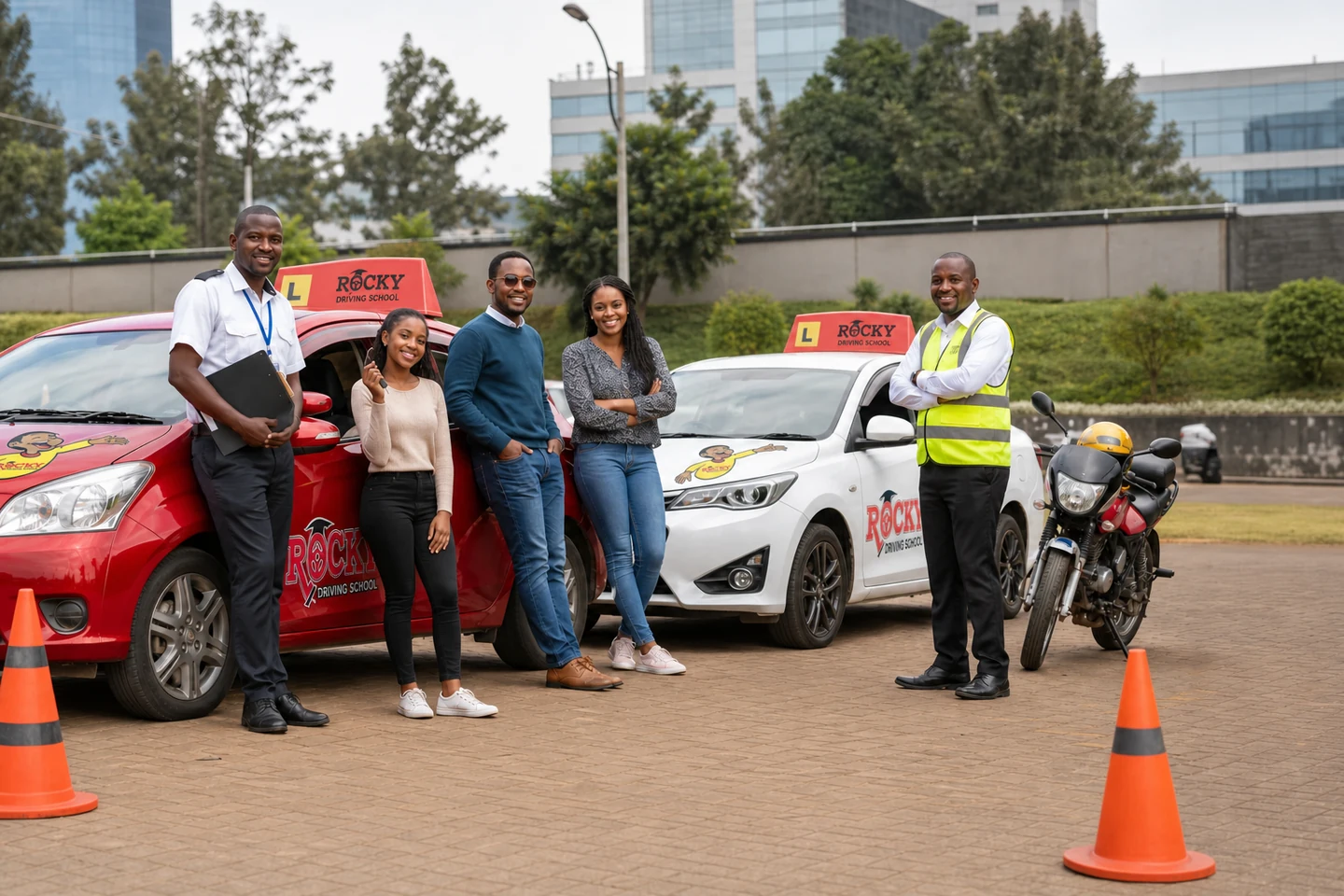 Rocky instructors and learners beside officially branded training vehicles