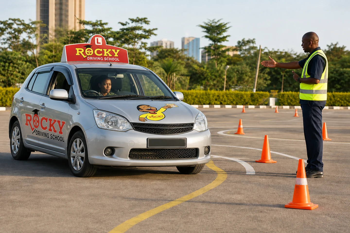 Learner practising in a branded Rocky vehicle with an instructor on a closed driving course